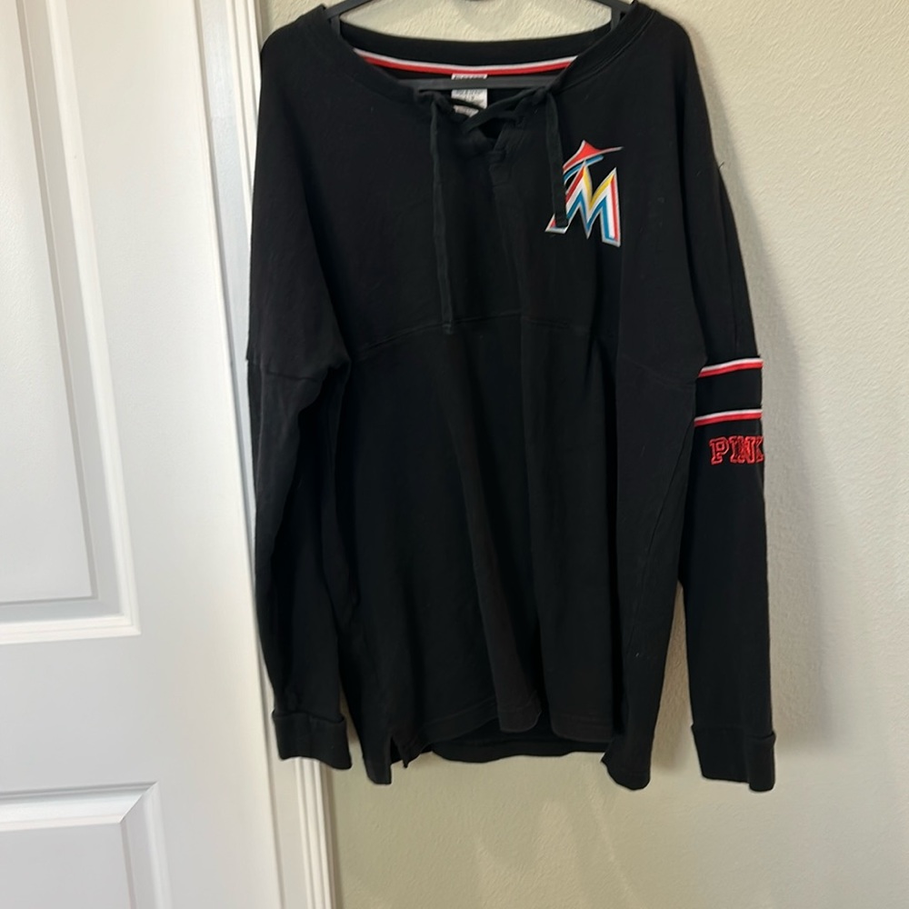 VS PINK Miami Marlins sports black long sleeve top w/ sequin letters (Read)